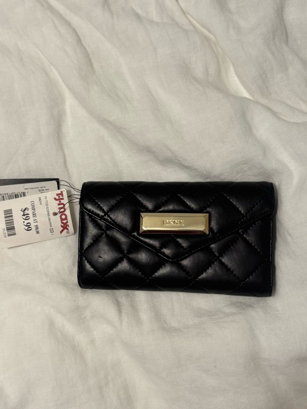 NWT DKNY Black Quilted Leather Wallet with Gold Plaque